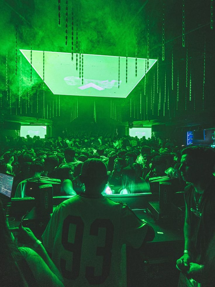 DJ booth in a dimly lit nightclub
